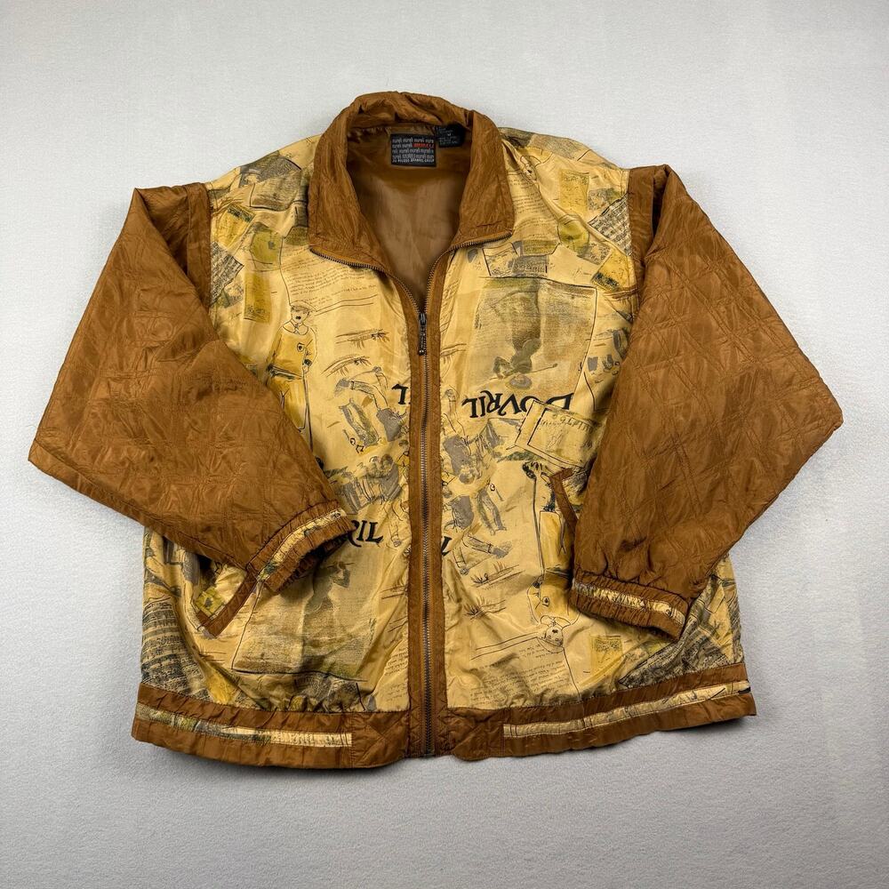 Mureli Silk Zip Jacket Art Print Brown Vintage M
